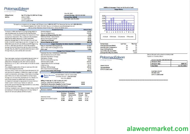USA Maryland Potomac Edison utility bill, Word and PDF template, 2 pages